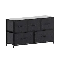 Emma and Oliver Marley 5 Drawer Storage Dresser with Cast Iron Frame, Wood Top and Easy Pull Fabric Drawers with Wooden Handles BlackDrawer/Black