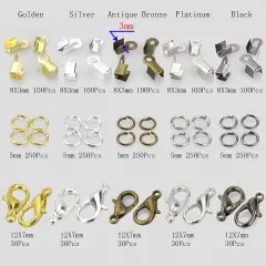 1900 Pieces Kit with 5 colors 150 Pcs Lobster Claw Clasps 12mm and 1250 Pcs Open Jump Rings 5mm and 500 Pcs Iron Fold Over Cord Ends for Leather 3mm for Jewelry Making Findings