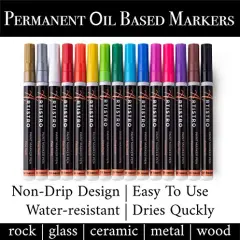 15 Oil Based Paint markers for Wood, Rock, Fabric, Glass - Permanent, Quick Dry, Waterproof - Oil paint pens for Ceramic, Mugs, Metal, Plastic - 1mm Fine Tip