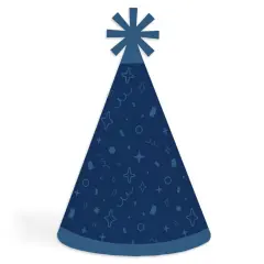 Big Dot of Happiness Navy Confetti Stars - Cone Happy Birthday Party Hats for Kids and Adults - Set of 8 (Standard Size)