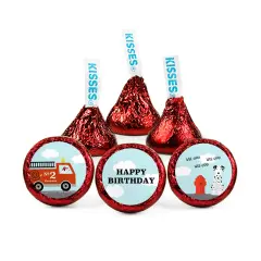 100ct Fire Truck Birthday Candy Party Favors Hershey's Kisses Milk Chocolate (100 Candies + 1 Sheet Stickers) - Assembly Required - by Just Candy