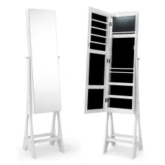 Freestanding Jewelry Cabinet Armoire Organizer with Bevel Edge Mirror White