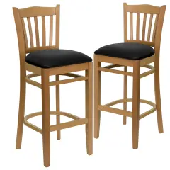 Emma and Oliver 2 Pack Vertical Slat Back Wooden Restaurant Barstool BlackVYL/NaturalWood