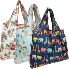 Wrapables Large Foldable Tote Nylon Reusable Grocery Bag, 3 Pack Animals + England