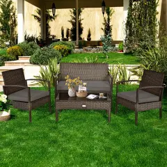 4 Pieces Patio Rattan Cushioned Furniture Set with Loveseat and Table Brown