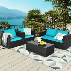 4Pcs Patio Rattan Cushioned Furniture Set Turquoise