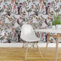 Pre-Pasted Wallpaper 2FT Wide Vintage Birds Watercolor Chinoiserie Antiqued Of Prey Blue Green Gray Botanical Custom Pre-pasted Wallpaper by Spoonflower