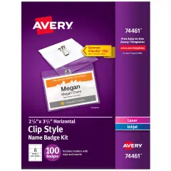 Avery Customizable Name Badges with Clips, 2.25" x 3.5", Clear Name Tag Holders with White Printable Inserts, 100 Clip Style Name Badges (74461)