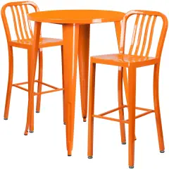 Emma and Oliver Commercial 30" Round Metal Indoor-Outdoor Bar Table Set & 2 Slat Back Stools Orange