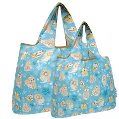 Wrapables Large & Small Foldable Tote Nylon Reusable Grocery Bags, Set of 2, Silly Owls