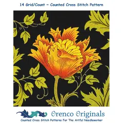 New William Morris Orange Anemone Flower on Black Counted Cross Stitch Pattern