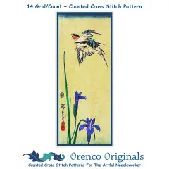Japanese Hiroshige Swallow Bird Iris Flower Counted Cross Stitch Chart Pattern