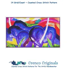 Big Blue Horses by Expressionist Artist Franz Marc Counted Cross Stitch Pattern