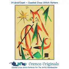 Two Foxes Sketch by Expressionist Artist Franz Marc Counted Cross Stitch Pattern
