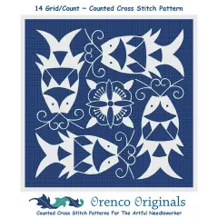 Asian Indigo 4 Fish Folk Art Design *2 DMC Colors* Counted Cross Stitch Pattern