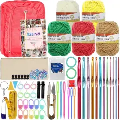 Crochet Kit with Step-By-Step Video Tutorials，Premium Bundle Includes 12 Roll X50Yard Acrylic Yarn Balls, 12 Crochet Hooks, Crochet Bag and All Accessories Kit, Crochet Kit for Beginners Crochet Kit-5Colors