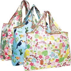 Wrapables Large Foldable Tote Nylon Reusable Grocery Bag, 3 Pack Aloha