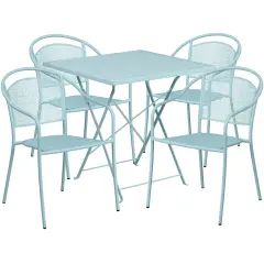 Emma and Oliver Commercial Grade 28" Square Metal Folding Patio Table Set w/ 4 Round Back Chairs Sky Blue