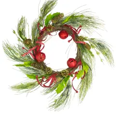 Melrose Jingle Bell Glitter Pine Needle Artificial Christmas Wreath - 21"- Red - Unlit