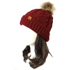 Wrapables Winter Warm Cable Knit Faux Fur Pom Pom Beanie Adult Burgundy