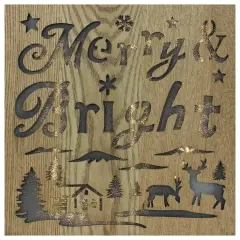 Diva At Home 12" Lighted Wooden "Merry Bright" Christmas Wall Decoration Brown