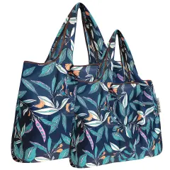 Wrapables Large & Small Foldable Tote Nylon Reusable Grocery Bags, Set of 2 Foliage