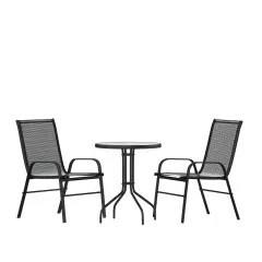 Emma and Oliver Three Piece Patio Table Set with Round Metal Frame Table with Tempered Glass Top and Two Flex Comfort Stacking Chairs Black
