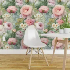 Pre-Pasted Wallpaper 2FT Wide Cottagecore Watercolor Peonies Roses Cosmos Botanical Bouquet Garden Floral Flowers Custom Pre-pasted Wallpaper by Spoonflower