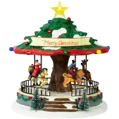 Northlight LED Lighted Musical and Animated Christmas Carousel Village Display - 10.5" Green
