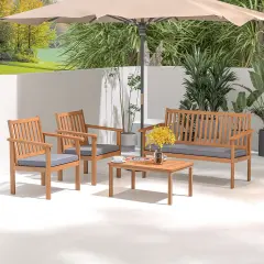 Costway 4 PCS Patio Wood Furniture Set with Loveseat, 2 Chairs & Coffee Table for Porch White/Grey/Navy