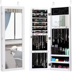 Full Length Mirror Jewelry Cabinet with Ring Slots and Necklace Hooks White