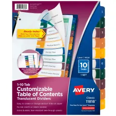 Avery Ready Index Plastic 10 Tab Binder Dividers, Customizable Table of Contents, Multicolor Tabs, 1 Set (11818)