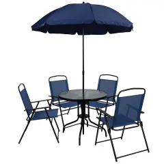 Emma and Oliver 6 Piece Patio Garden Set with Table, Umbrella and 4 Folding Chairs Navy