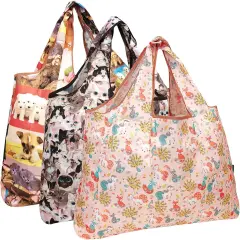 Wrapables Large Foldable Tote Nylon Reusable Grocery Bag, 3 Pack Cuddly Critters