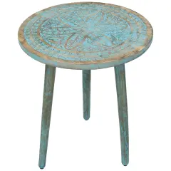 Northlight 22" Antique Blue Engraved Wooden Tri Leg Round Side Table