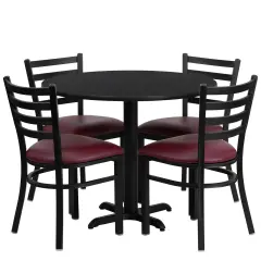 Emma and Oliver 36" Round Laminate X-Base Table Set with 4 Ladder Back Chairs BlackTop/BurgundyVYL