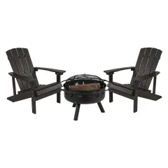 Merrick Lane Ayala 3 Piece Outdoor Leisure Set with Set of 2 Poly Resin Adirondack Chairs and Star and Moon Iron Fire Pit Slate Gray