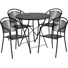 Emma and Oliver Commercial Grade 30" Round Metal Folding Patio Table Set w/ 4 Round Back Chairs Black