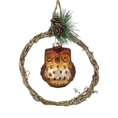 Northlight Glittered Owl in a Twig Wreath Glass Christmas Ornament - 5.25" -Brown