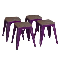 Emma and Oliver Set of Four Table Height Backless Stacking Welded Iron Stools with Wooden Seats and Under Seat Bracing for Indoor Use Purple