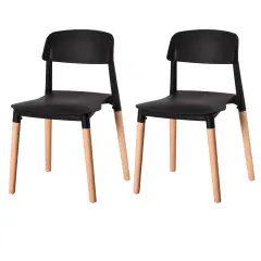 Modern Plastic Dining Chair Open Back with Beech Wood Legs Set of 2 Black