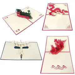 Wrapables (Set of 4) 3D Pop-Up Greeting Cards for Birthday, Thank you, Anniversary, Wedding, Holidays Train Ship Plane