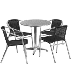 Emma and Oliver 27.5" Round Aluminum Garden Patio Table Set with 4 Rattan Chairs Black