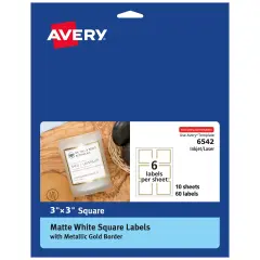 Avery Matte White Labels with Metallic Gold Borders, 3" x 3" Square Labels, 60 Total, Laser/Inkjet Printable Labels (6542)