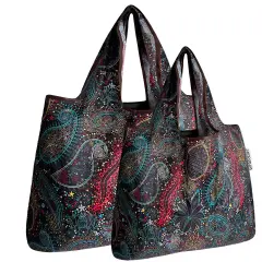 Wrapables Large & Small Foldable Tote Nylon Reusable Grocery Bags, Set of 2 Cosmic Paisley