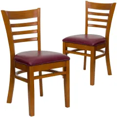 Emma and Oliver 2 Pack Ladder Back Wooden Restaurant Chair BurgundyVinyl/Cherry