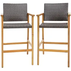 Costway 2PCS/4PCS Patio PE Wicker Bar Chairs Height Barstools with Acacia Wood Armrests Balcony