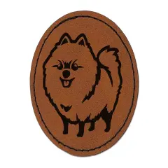 Perky Pomeranian Pup Dog Pet Round Iron-On Engraved Faux Leather Patch Applique - 2.5" Brown