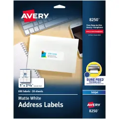 Avery White Address Labels, Sure Feed Technology, Permanent Adhesive, 1" x 2-5/8", 600 Labels (8250)