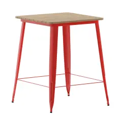 Merrick Lane Dryden Indoor/Outdoor Bar Top Table, 31.5" Square All Weather Poly Resin Top with Steel base Brown/Red